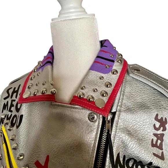 Robert Phillipe Graffiti Print Faux Leather Cropped Motorcycle Jacket Size M Stu - Picture 9 of 15